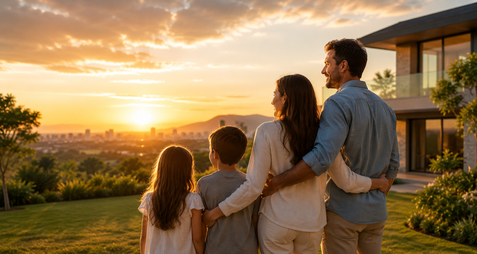 Família contemplando o futuro ao pôr do sol