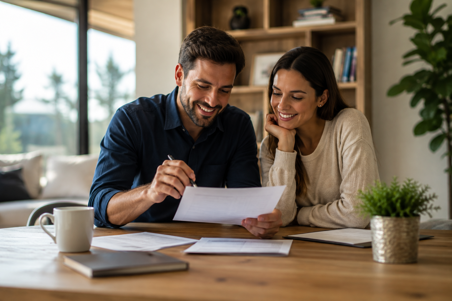 Casal planejando o futuro financeiro em casa
